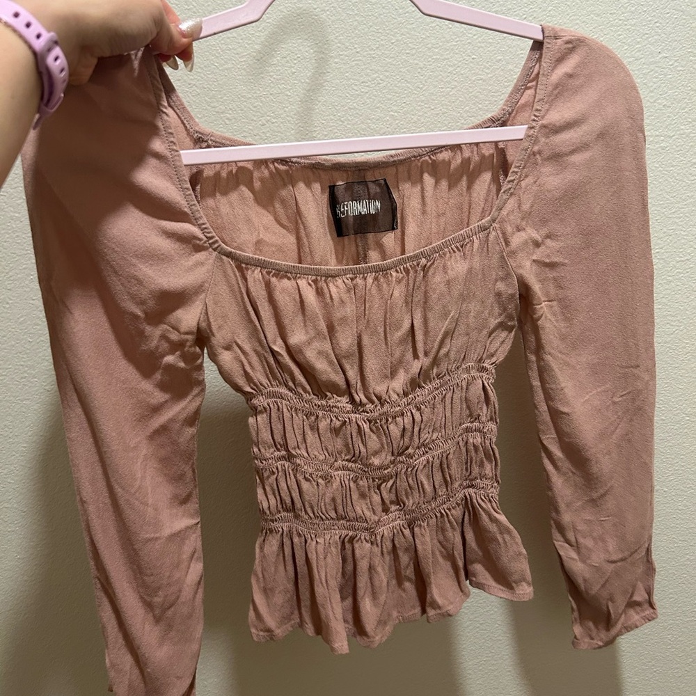 Reformation Pink Smocked Peplum Puff Sleeve Top
